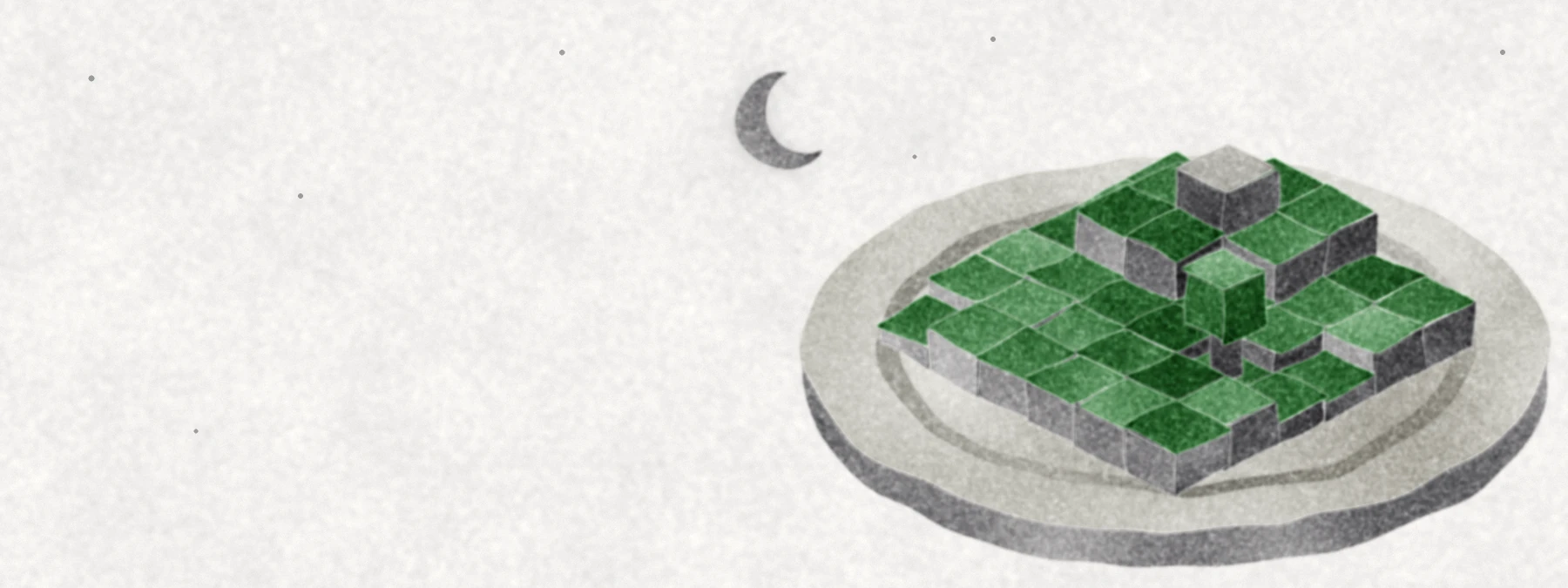 A small island of blocks with a tree and hills rests on a flat disk under a crescent moon: the world is saved and the server is asleep.